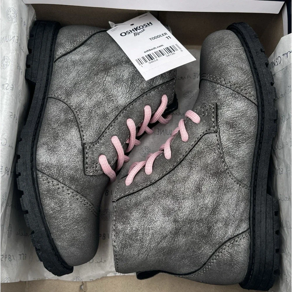 OshKosh B'Gosh Little Girls Ankle Fashion Boots Size 11 Gray Rose Pink Lace Up